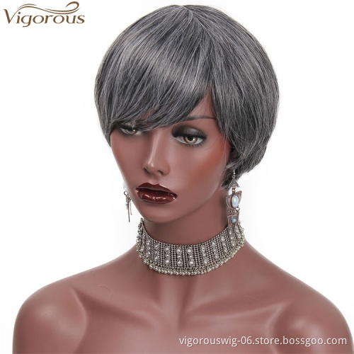 Vigorous Dark Grey Short Straight Hair Wigs with Inclined Bangs Synthetic Heat Resistant Fiber Black Gray Women Hair Wigs